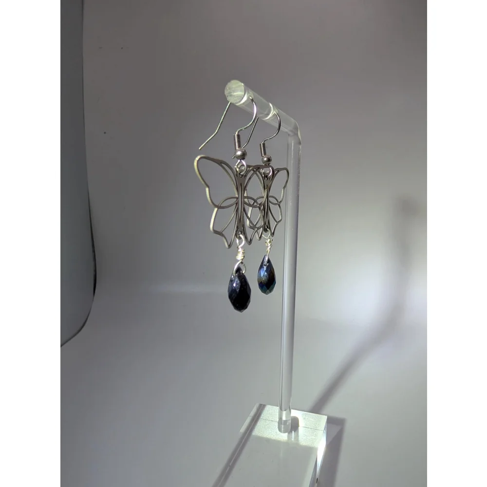 Butterfly Dangle Earrings, Stainless Steel Black Metallic Glass Teardrop Beads